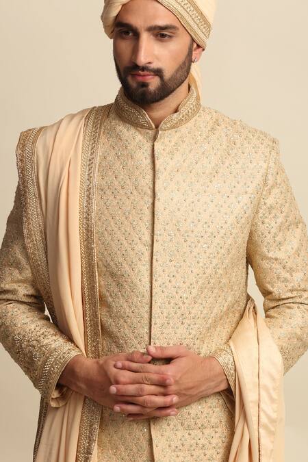 Shop_Priyanka Jain_Gold Raw Silk Embroidered Dori Work Sherwani And Kurta Set _Online_at_Aza_Fashions