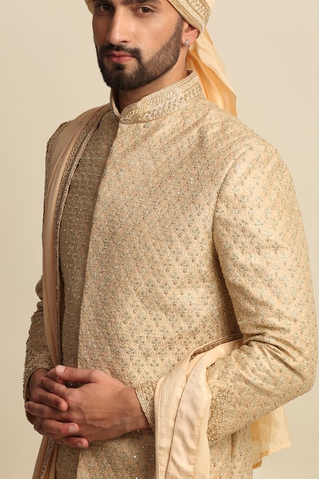 Priyanka Jain_Gold Raw Silk Embroidered Dori Work Sherwani And Kurta Set _at_Aza_Fashions