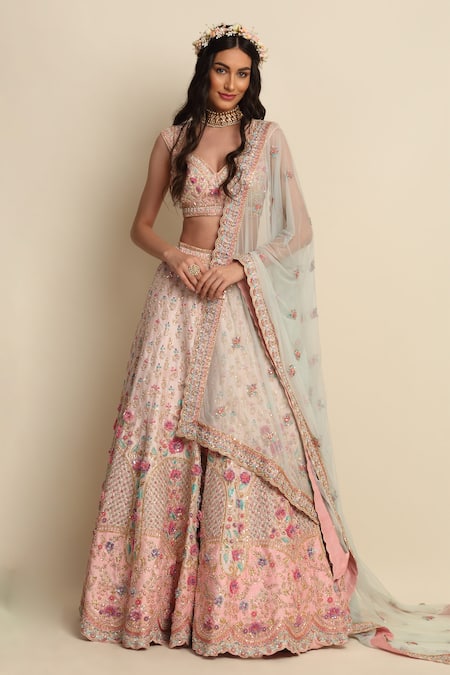 Priyanka Jain Pink Raw Silk Applique Floral Motifs Sweetheart Embroidered Bridal Lehenga Set 