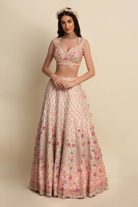 Priyanka Jain_Pink Raw Silk, Net Floral Motifs, Zardozi Embroidered Bridal Lehenga Set _Online_at_Aza_Fashions
