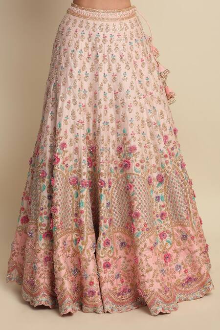 Priyanka Jain_Pink Raw Silk, Net Floral Motifs, Zardozi Embroidered Bridal Lehenga Set _at_Aza_Fashions