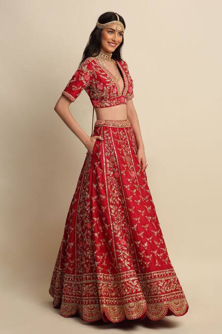 Priyanka Jain_Maroon Raw Silk, Net Floral Motifs, Zardozi Hand Embroidered Bridal Lehenga Set _Online_at_Aza_Fashions