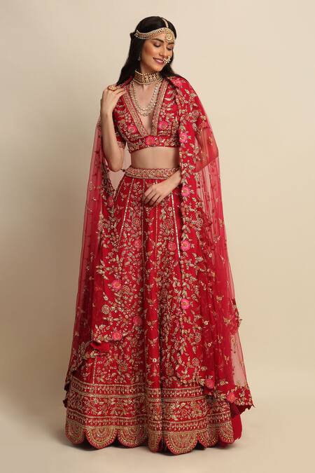 Buy_Priyanka Jain_Maroon Raw Silk, Net Floral Motifs, Zardozi Hand Embroidered Bridal Lehenga Set _Online_at_Aza_Fashions