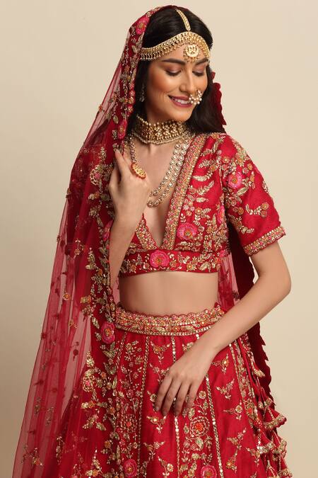 Shop_Priyanka Jain_Maroon Raw Silk, Net Floral Motifs, Zardozi Hand Embroidered Bridal Lehenga Set _Online_at_Aza_Fashions