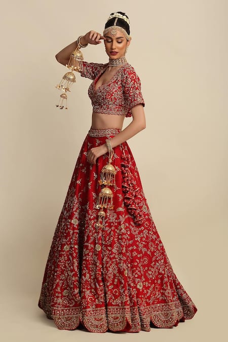 Buy_Priyanka Jain_Red Raw Silk, Net Floral Motifs, Dabka Work, Embroidered Bridal Lehenga Set _Online_at_Aza_Fashions