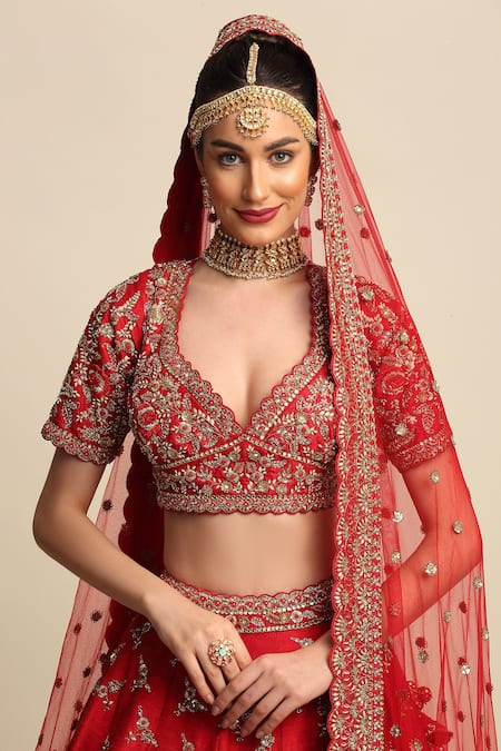Shop_Priyanka Jain_Red Raw Silk, Net Floral Motifs, Dabka Work, Embroidered Bridal Lehenga Set _Online_at_Aza_Fashions