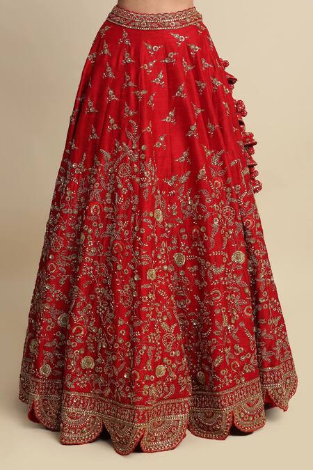 Priyanka Jain_Red Raw Silk, Net Floral Motifs, Dabka Work, Embroidered Bridal Lehenga Set _at_Aza_Fashions