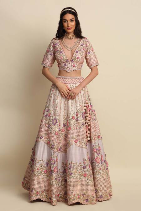 Priyanka Jain Pink Raw Silk, Net Floral Motifs, Chequered, Zardozi Applique Bridal Lehenga Set Online at Aza Fashions Priyanka Jain_Pink Raw Silk, Net Floral Motifs, Chequered, Zardozi Applique Bridal Lehenga Set _Online_at_Aza_Fashions