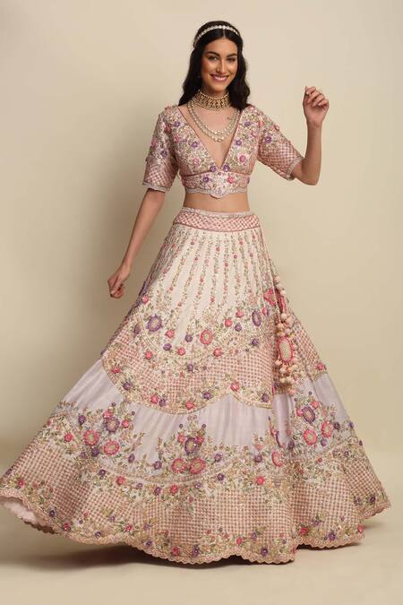 Buy Priyanka Jain Pink Raw Silk, Net Floral Motifs, Chequered, Zardozi Applique Bridal Lehenga Set Online at Aza Fashions Buy_Priyanka Jain_Pink Raw Silk, Net Floral Motifs, Chequered, Zardozi Applique Bridal Lehenga Set _Online_at_Aza_Fashions