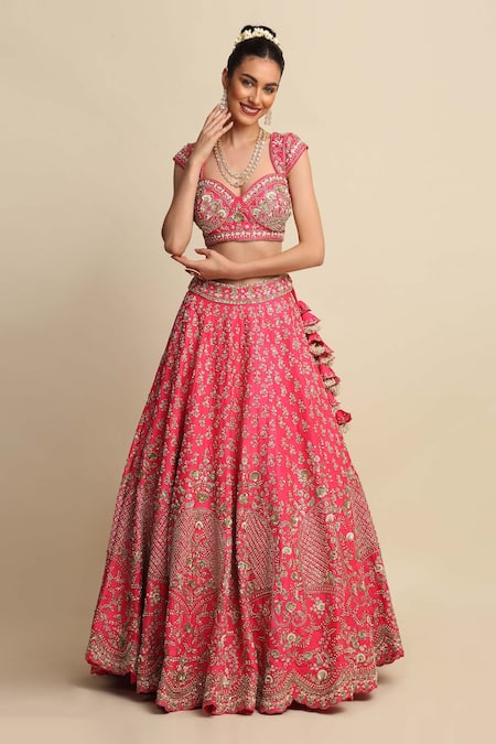 Priyanka Jain_Pink Raw Silk, Net Floral Motifs, Dabka Work, Embroidered Bridal Lehenga Set _Online_at_Aza_Fashions