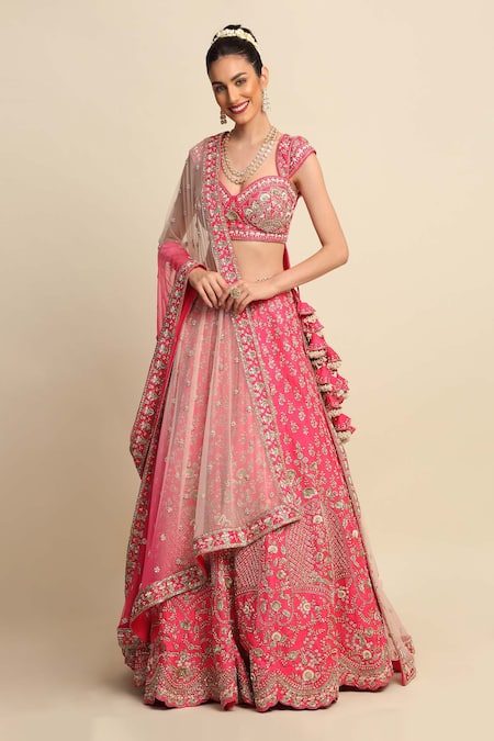 Buy_Priyanka Jain_Pink Raw Silk, Net Floral Motifs, Dabka Work, Embroidered Bridal Lehenga Set _Online_at_Aza_Fashions