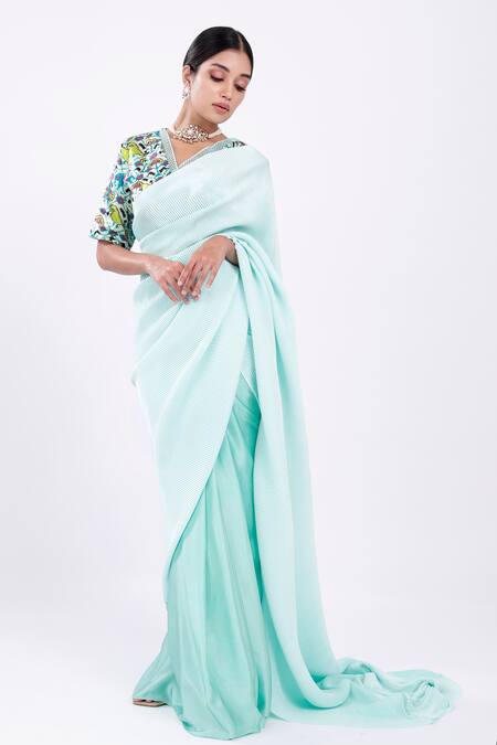 Off white & parrot green saree set - EASE CLOTHING - 4231187