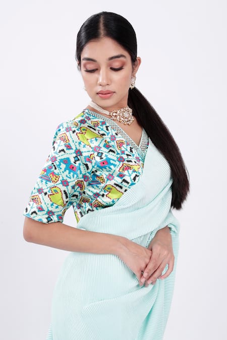 Komal Shah_Green Rich Pleated Fabric Blouse Mashru, Saree Satin Patola With Print_Online_at_Aza_Fashions