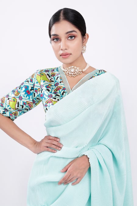Buy_Komal Shah_Green Rich Pleated Fabric Blouse Mashru, Saree Satin Patola With Print_Online_at_Aza_Fashions