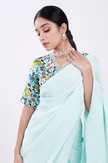Shop_Komal Shah_Green Rich Pleated Fabric Blouse Mashru, Saree Satin Patola With Print_Online_at_Aza_Fashions