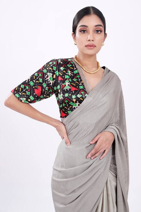 Komal Shah_Grey Rich Pleated Fabric Blouse Mashru, Saree Satin Patola With Printed_Online_at_Aza_Fashions