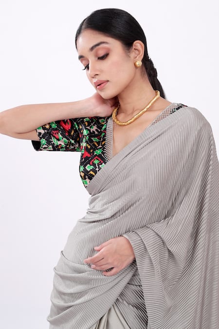 Buy_Komal Shah_Grey Rich Pleated Fabric Blouse Mashru, Saree Satin Patola With Printed_Online_at_Aza_Fashions