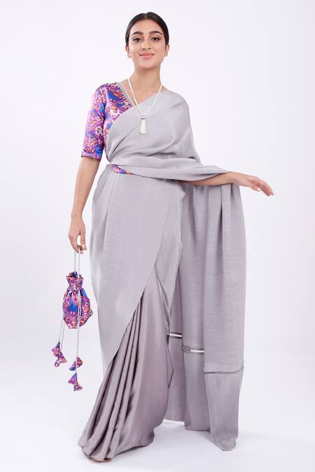Komal Shah_Purple Rich Pleated Fabric Blouse Mashru, Saree Satin Patola With Print_Online_at_Aza_Fashions