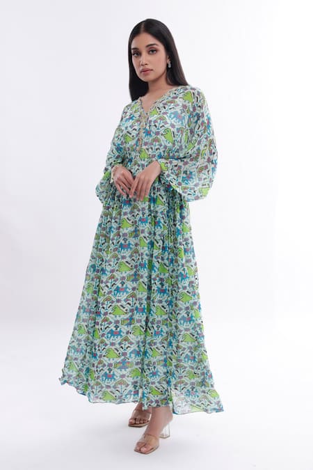 Komal Shah Blue Kaftan Georgette Inner Satin Printed Patola Motifs V Neck  