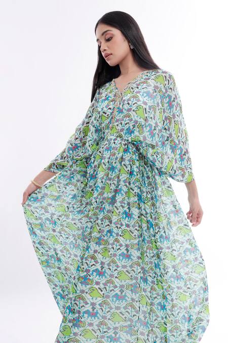 Komal Shah_Blue Kaftan Georgette Inner Satin Patola Motifs V Neck Print_Online_at_Aza_Fashions