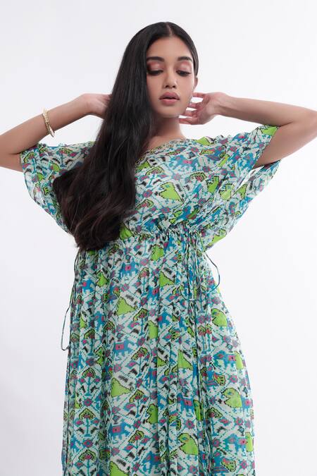 Buy_Komal Shah_Blue Kaftan Georgette Inner Satin Patola Motifs V Neck Print_Online_at_Aza_Fashions