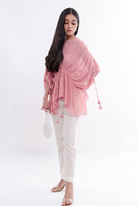 Komal Shah_Pink Tunic Georgette Pant Chanderi Crew Neck Pleated With Set_Online_at_Aza_Fashions