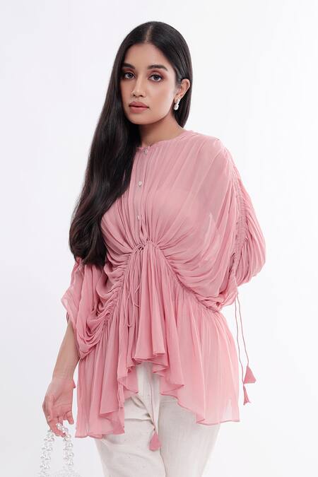 Buy_Komal Shah_Pink Tunic Georgette Pant Chanderi Crew Neck Pleated With Set_Online_at_Aza_Fashions