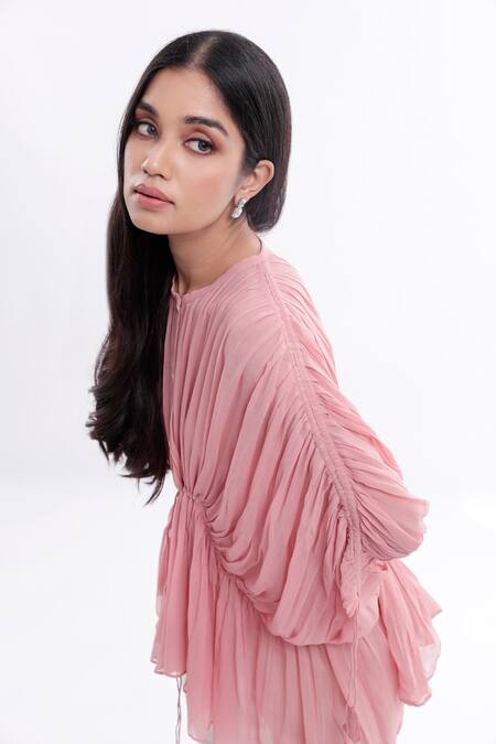 Shop_Komal Shah_Pink Tunic Georgette Pant Chanderi Crew Neck Pleated With Set_Online_at_Aza_Fashions