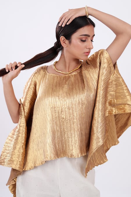Buy_Komal Shah_Gold Cape Tissue Pant Chanderi U Neck Top And Set _Online_at_Aza_Fashions