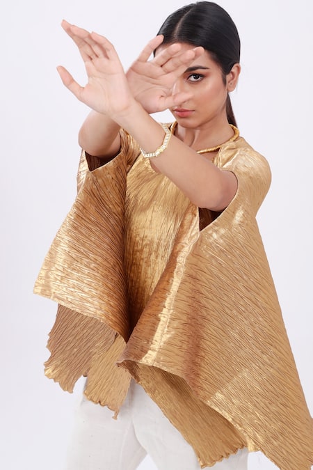 Shop_Komal Shah_Gold Cape Tissue Pant Chanderi U Neck Top And Set _Online_at_Aza_Fashions