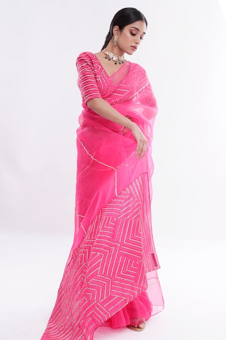 Komal Shah_Pink Organza Striped V Neck Rani Chand Saree With Blouse_Online_at_Aza_Fashions