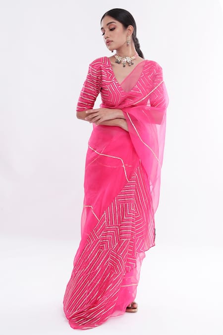 Buy_Komal Shah_Pink Organza Striped V Neck Rani Chand Saree With Blouse_Online_at_Aza_Fashions