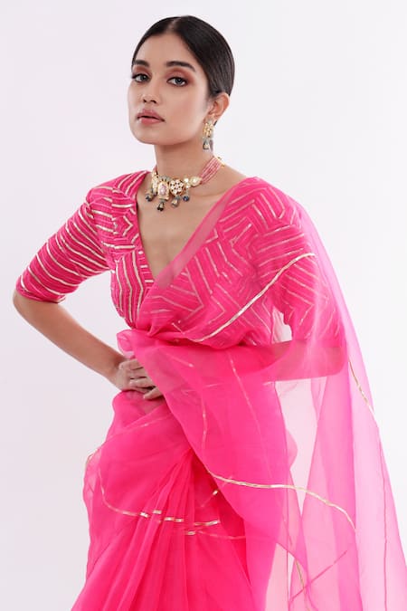 Shop_Komal Shah_Pink Organza Striped V Neck Rani Chand Saree With Blouse_Online_at_Aza_Fashions