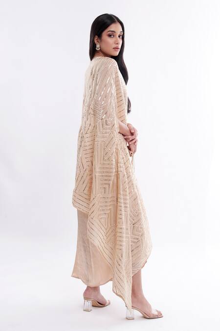 Shop Komal Shah Gold Dress Satin Cape Organza Striped Crew Neck Dohra Chand Draped And at Aza Fashions Shop_Komal Shah_Gold Dress Satin Cape Organza Striped Crew Neck Dohra Chand Draped And_at_Aza_Fashions