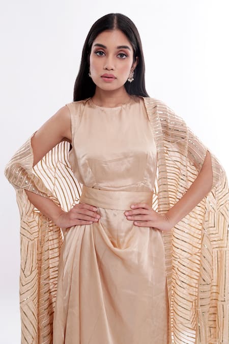 Buy Komal Shah Gold Dress Satin Cape Organza Striped Crew Neck Dohra Chand Draped And Online at Aza Fashions Buy_Komal Shah_Gold Dress Satin Cape Organza Striped Crew Neck Dohra Chand Draped And_Online_at_Aza_Fashions