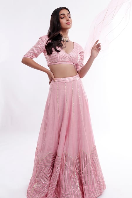 Komal Shah_Pink Lehenga Chanderi Blouse And Dupatta Organza Striped Plunge V Hoor Set_Online_at_Aza_Fashions