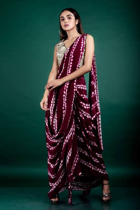 Nupur Kanoi_Maroon Crepe Applique, Shibori Tie-dye, Pre-draped Dhoti Saree With Blouse_Online_at_Aza_Fashions