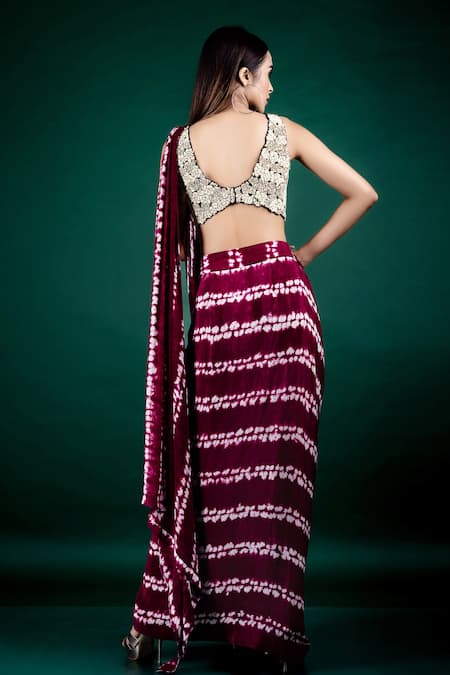 Buy_Nupur Kanoi_Maroon Crepe Applique, Shibori Tie-dye, Pre-draped Dhoti Saree With Blouse_Online_at_Aza_Fashions