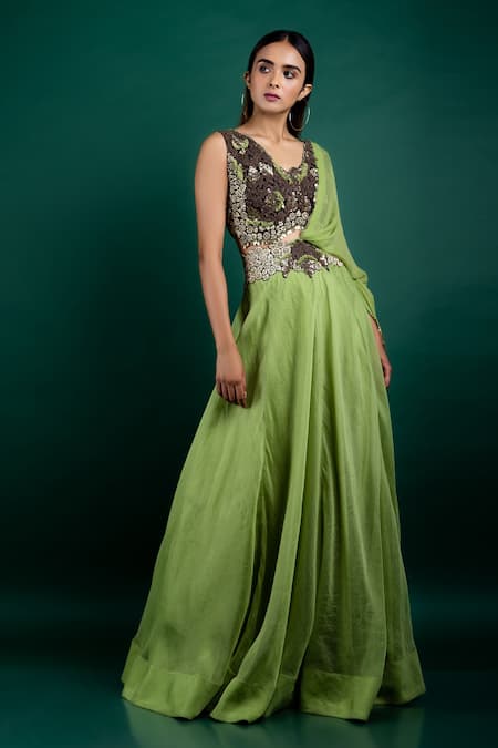 Nupur Kanoi_Green Organza, Crepe Dori Work, Applique V Embroidered Blouse And Lehenga Set_Online_at_Aza_Fashions
