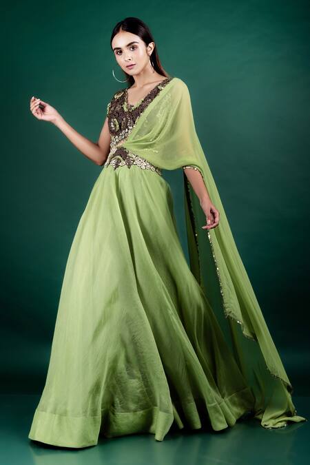 Buy_Nupur Kanoi_Green Organza, Crepe Dori Work, Applique V Embroidered Blouse And Lehenga Set_Online_at_Aza_Fashions