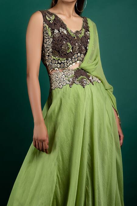 Shop_Nupur Kanoi_Green Organza, Crepe Dori Work, Applique V Embroidered Blouse And Lehenga Set_Online_at_Aza_Fashions