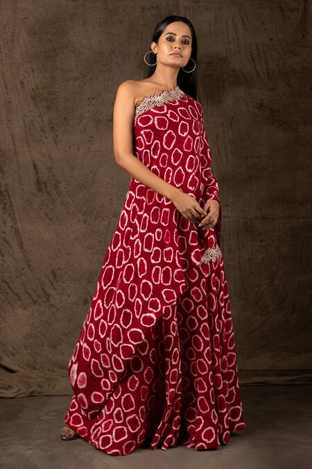 Nupur Kanoi_Maroon Crepe Mirror Work, Polka Tie-dye Motifs, Embroidered Cape And Gharara Set_Online_at_Aza_Fashions