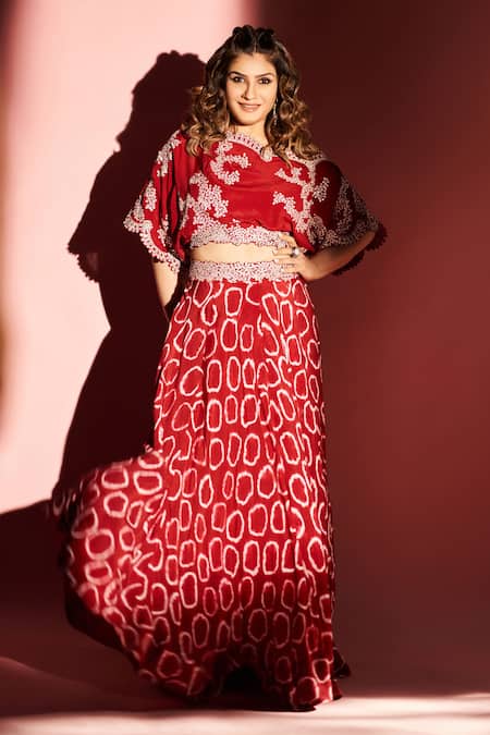 Shop_Nupur Kanoi_White Crepe Mirror Work, Polka Tie-dye Motifs, Off Blouse And Lehenga Set _at_Aza_Fashions