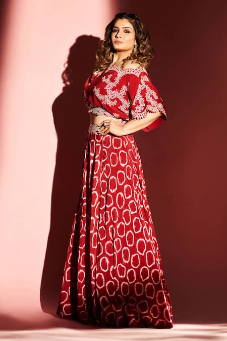 Nupur Kanoi_White Crepe Mirror Work, Polka Tie-dye Motifs, Off Blouse And Lehenga Set _Online_at_Aza_Fashions