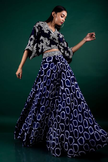 Nupur Kanoi_Blue Crepe Mirror Work, Polka Tie-dye Embroidered Top And Woven Lehenga Set_Online_at_Aza_Fashions