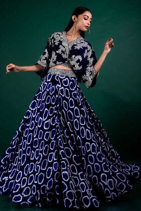 Buy_Nupur Kanoi_Blue Crepe Mirror Work, Polka Tie-dye Embroidered Top And Woven Lehenga Set_Online_at_Aza_Fashions