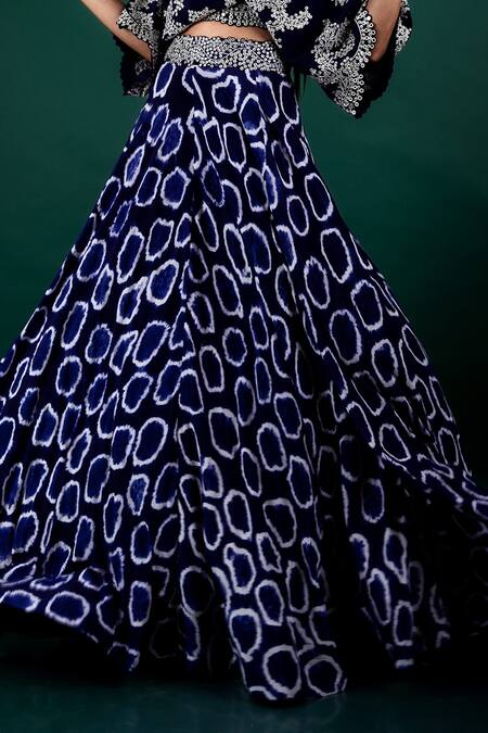 Shop_Nupur Kanoi_Blue Crepe Mirror Work, Polka Tie-dye Embroidered Top And Woven Lehenga Set_Online_at_Aza_Fashions