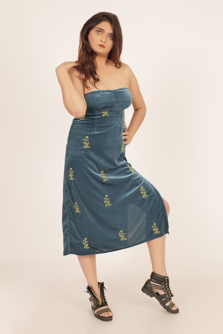 Shop Rina Dhaka Blue Velvet Bead And Thread Straight Neck Strapless Dress at Aza Fashions Shop_Rina Dhaka_Blue Velvet Bead And Thread Straight Neck Strapless Dress _at_Aza_Fashions