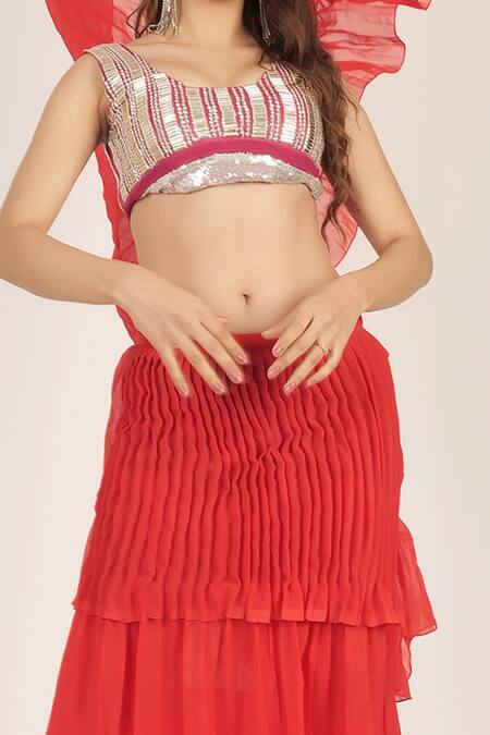 Rina Dhaka Red Georgette Solid Tiered Pre-draped Saree Online at Aza Fashions Rina Dhaka_Red Georgette Solid Tiered Pre-draped Saree _Online_at_Aza_Fashions