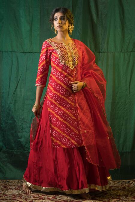 Buy_Ruchira Nangalia_Red Crepe And Organza Lining Cotton Bandhani, Gota Patti Print Kurta Sharara Set_Online_at_Aza_Fashions